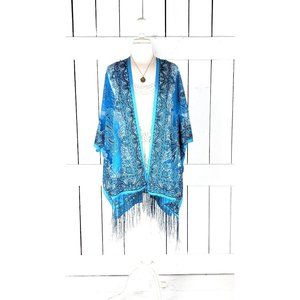 Blue paisley sheer stretch jersey burnout kimono cardigan jacket cover up